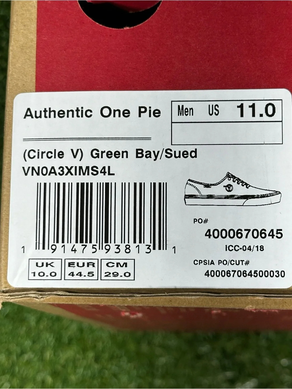 Vans Authentic One Pie Circle V, Green Bay/White, Men’s 11 , VN0A3XIMS4L
